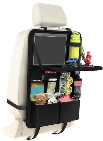 Yeqqzq Car Backseat Organizer with Tablet Holder, 11 Storage Pockets Car Storage Organizer with Foldable Food Tray, Seat Protectors Kick Mats Travel Accessories