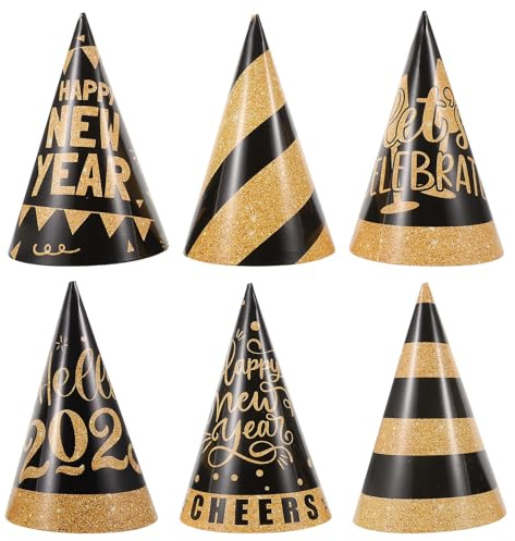 TOYANDONA 6 Pezzi Cappelli di Carta Festa Nero Oro Cappellini Compleanno e Capodanno Conici per Foto e Celebrazioni Festive