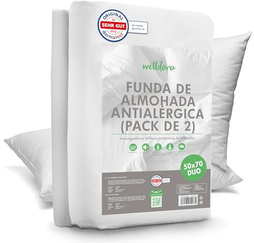 Welldora Set di 2 Copricuscino Antiacaro Anallergico, Federe Antiacaro Antiallergiche Testate, Fodera contro Acari e Cimici dei Letti, Biancheria da Letto (50x70cm)