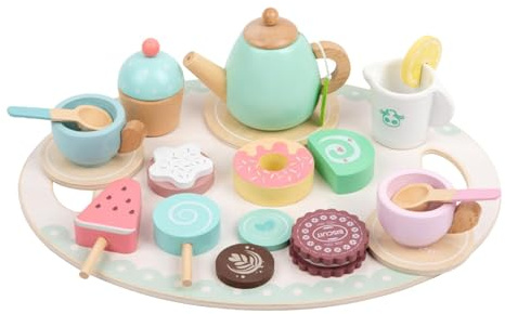 Qectial Teeservice Kinder Holz Spielküche Zubehör, Tee Set Holzspielzeug, Tee Sets Kinder Teeservice mit Dessert, Interaktives Spiel Kindergeschirr Rollenspiele Geschenk für Mädchen Jungen