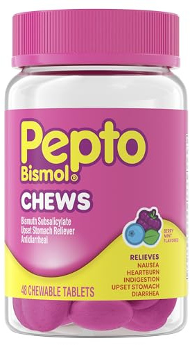 Pepto Bismol Chews, Fast and Effective Digestive Relief from Nausea, Heartburn, Indigestion, Upset Stomach, Diarrhea, Berry Mint Flavor, 48 Chewable Tablets