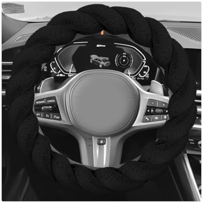 Fkewp Fluffy Car Steering Wheel Cover, 15 Inch Anti-Slip Twisted Fuzzy Auto Wheel Protective Cover, Comfortable Soft Plush Steering Wheel Protector Interior Decor for Most Vehicles (Black)