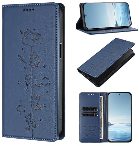 BEENTRYS Cuero PU Funda para Motorola Moto E20 / E30 / E40 Funda,Carino Gato Cartera con Tapa Ranuras para Tarjetas Soporte Magnético Flip Case Protección RFID Antigolpes Carcasa-Azuloscuro