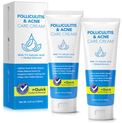 Crème Soin Folliculite & Acné 240 ml, Crème Purifiante au 1% Acide Salicylique, Soin Anti-Imperfections, Réduit l'Excès de Sébum, Apaise les Rougeurs Visibles, Pour Visage, Corps et Cuir Chevelu