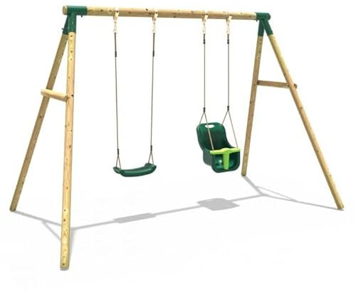 Rebo® Children's Wooden Garden Swing Set - Luna | OutdoorToys | Pressure Treated Timber, Soft Feel Ropes, Baby Swing Seat and Regular Seat, Sturdy Construction