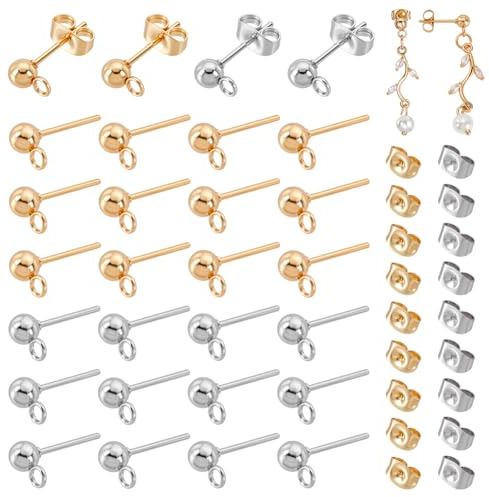 PH PandaHall 40Pcs 304 Edelstahl Ohrstecker, Ohrring Studs Flache Rückseite Ohrringe Ohr Pin Ball Post mit Schleife Schmetterling Ohrring Backs Ohrring Findings für DIY Schmuckherstellung, Gold/Silber