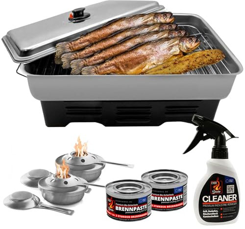 Eversmoke Edelstahl Tischräucherofen Set mit 2x Brennpaste für Fisch, Wurst, Käse/Räuchern Grillofen inkl Brennpaste