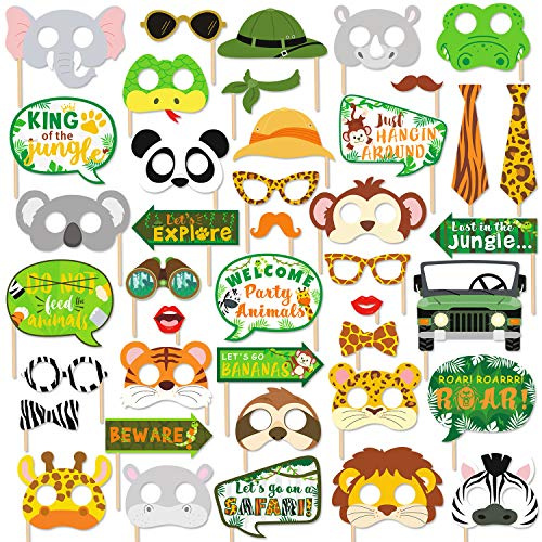Bessmoso 41PCS Jungle Safari Photo Booth Props Wild Animals Party Decor