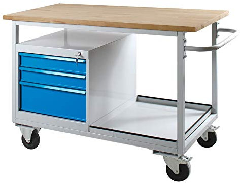 ADB fahrbare Werkbank mit 3 Schubladen, bis 500kg belastbar, Werktisch, Rollwagen, Montagewerkbank, L1300xb600xh850mm, Tischwagen, für Werkstatt, Packtisch, Fahrbar mit Rollen, Hergestellt in der EU