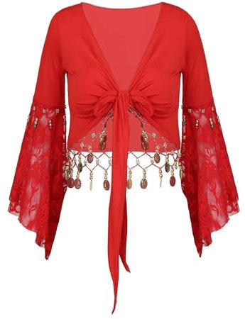 Alvivi Damen Bolero Jacke Bauchtanz Kostüm mit Münzen Schulterjacke Latein Tanz Ballettjacke Cardigan Tops Kurze Oberteile Rot XL