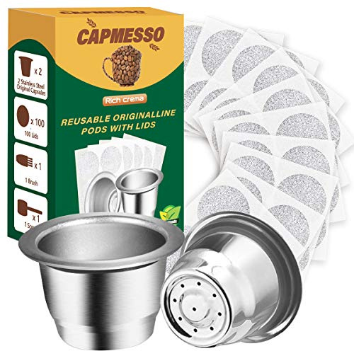 CAPMESSO Capsules de café réutilisables en acier inoxydable compatibles avec les brasseurs Nespresso OriginalLine (2 tasses + 100 couvercles)