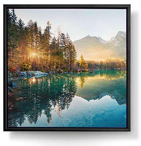 BilderKing Wandbild Wasserfall Hintersee Bayern - 80 x 80cm Leinwand auf 2cm Keilrahmen mit Schattenfugenrahmen schwarz