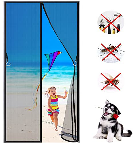 Moustiquaire pour Portes, 90x200cm, Personnalisable, Avancée Rideau Magnétique Anti-insectes pour Porte de Balcon, porte Cave, de Terrasse, Kit d'installation Complet, Noir
