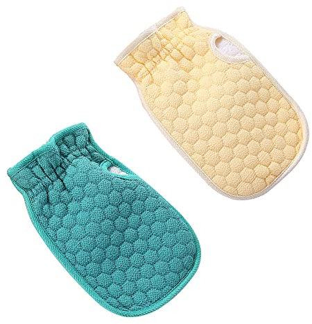 MARMODAY Peeling-Duschbad-Handschuh für Dusche, Spa und Körperpeeling, weich, für Männer, Frauen und Kinder, Gelb + Grün, 2 Stück