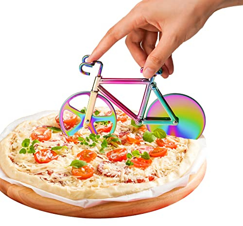 Fahrrad-Pizzaschneider：Pizzaschneider aus Antihaftbeschichtetem Edelstahl，Doppel Pizza Cutter mit Scharfem Schneiderad & Ständer für Weihnachten Party Geschenke（Mehrfarben）