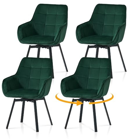 TUKAILAI Esszimmerstühle Drehbar Samt mit Armlehnen, Grün, 4er Set | Drehstuhle esszimmer,Armlehnstuhle,Küchenstühle,Rückenlehne, Gepolsterter Sitz, Metallbeine,für Esszimmer Wohnzimmer Küche