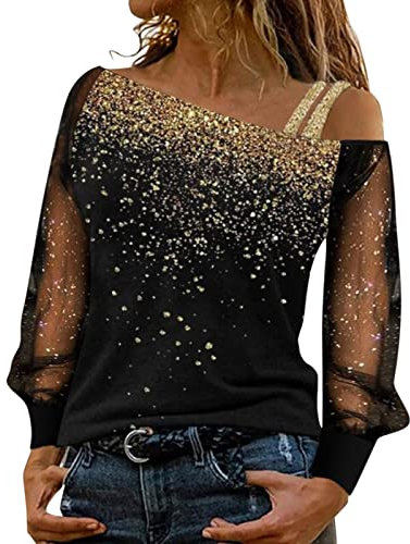 Oberteile Damen T-Shirt Damen Langarm Sweatshirt Sexy Schulterfrei Shirt Bluse Glitzer Spitze Langarmshirt Frühling Sommer Oberteile Tunika Tops Elegant Hemdbluse Streetwear