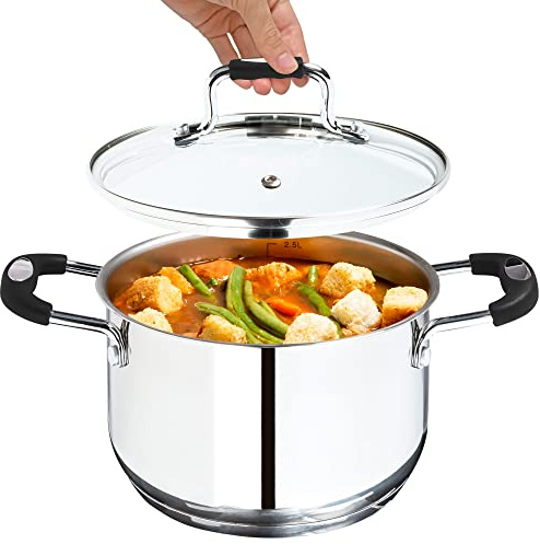 Millvado Stock Pot, 3 Quart Stainless Steel Pot, StockPot With Clear Glass Lid, Steam Hole, Permanent Measurement Markings, Gas, Electric and Induction Compatible Boiling Pot