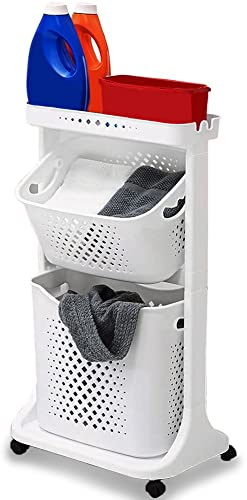 Shally Dogan Carro para la colada con ruedas, 2 estantes multifunción, carrito de ahorro de espacio, con cesta de ropa extraíble, cesta basculante, estante de almacenamiento superior (blanco)