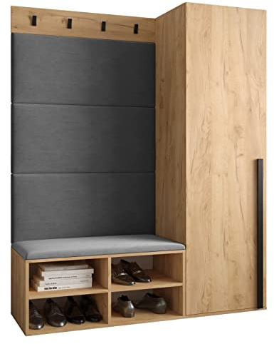 MEBLE KRYSPOL Garderobe MIRO Set 6 mit gepolsterten Paneelen Modern Design (Manila 16 (Grau), Eiche Kraft Gold + Schwarz Matt)