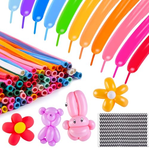 LovesTown 260 Balloons for Twisting Balloons Animal, 150 PCS Assorted Colors Latex Long Skinny Balloon with Eye Stickers for Birthday Wedding Beginners Making Kid's Carnivals Party Decorations