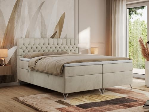 MKS MEBLE Boxspringbett 180x200, Bett mit Matratze H3, Boxspringbett mit Bettkasten und Topper, Polsterbett mit Füße - GRIMALDI - 180x200 - Beige Velvet - H3