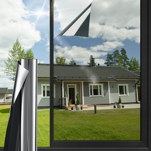 HONLONE One Way Window Film, Reflective Window Film Heat Control, Anti Glare UV Mirror Film, Glass Tinting Film For House And Office, Black Silver 100 * 200cm