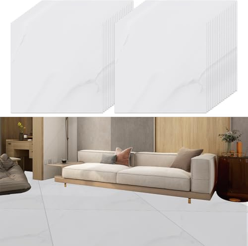 YAYODS 40 Pack Self Adhesive Vinyl Floor Tiles, 30x30cm Waterproof White Marble Veining Effect, Peel and Stick for Kitchen Bathroom Living Room and Floor Planks