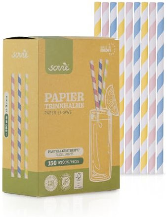Mank Trinkhalme aus Papier, Papiertrinkhalme, Papier, Papierstrohhalme Umweltfreundlich, Robust & Vielseitig einsetzbar, Strohhalme (150, Pastell Gelb, Rosa, Blau, Ø 8 mm / 20 cm)