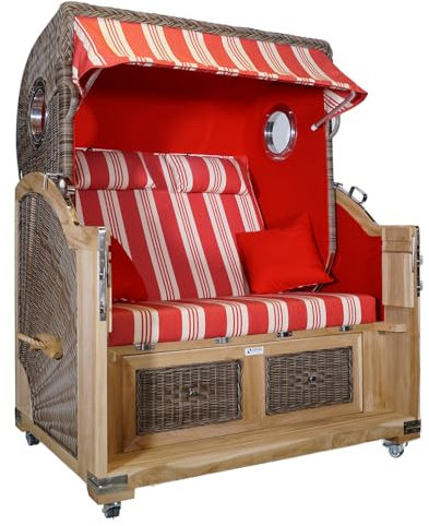Strandkorb Teak XL, rot/Creme Multistreifen, 2½ Sitzer, Voll-Liegemodell, Geflecht Koobo