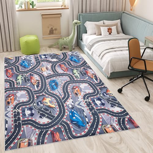 TAPISO Flannel Teppich rutschfest Grau Blau Bunt Waschbar Kurzflor Straßenteppich Autorennen Kinderteppich Kinderzimmer Spielmatte ÖKOTEX 160 x 230 cm