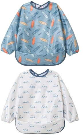 Little Dimsum Long Sleeve Feeding Bibs,Waterproof Baby Bibs with Sleeves, Infant Toddler 6-36 Months for Smock Bib for Eating,Lightweight, Quick Drying,Easy Clean(Surf)