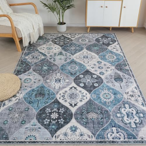 Xfrog Blumen Boho Teppich - Rutschfester Waschbarer Ultraweicher Antiker Flächenteppich Mit Niedrigem Flor für Wohnzimmer, Schlafzimmer, Kinderzimmer - 80 x 150 cm