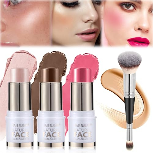 Contouring Stick, 3Pcs Contour Highlighter Blush Sticks mit Pinsel - Creme Contour Bronzer Stick für Wangen Augen Lippen, lang anhaltende wasserdichte glatte Make-up-Sticks für alle Hauttypen