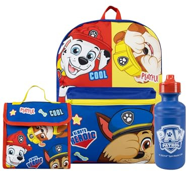Paw Patrol Backpack 3 Piece Set | Boys School Bag Set | Marshall And Chase Boys Backpack, Lunch Bag And Water Bottle | Blue One Size