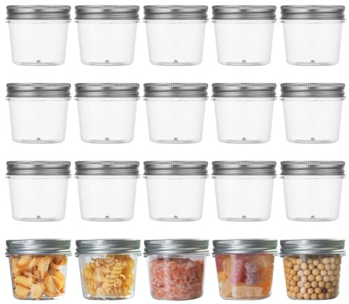 novelinks Plastic Jars With Lids 20Pcs 4 oz Plastic Mason Jars Silver Plastic Jar Food Storage for Milkshakes Juice Nuts Cupcakes Candy (Silver, 20 Pack 4 Ounce)
