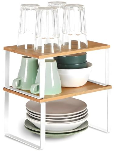 Avilia Set 2 Mensole in Bambù e Metallo 19,5x29,5x15,8cm e 18,5x29,7x13,7cm - Ripiano Salvaspazio per Sfruttare Spazi Piccoli - Ideale per Cucina, Bagno e Soggiorno - Kit Incluso per Facile Montaggio