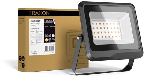 TRAXON LUXPOINT® Floodlight LED - Kämpig Foco Proyector Negro exterior 30W 4000K 110Lm/W, Aluminio Protección IK08 Resistente Agua IP65 (Luz neutra 4000K 30W | Negro)