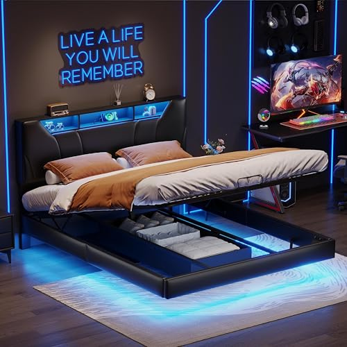 BRILVERDE Polsterbett 160x200 cm Doppelbett mit LED und USB, Schwebebett, Hydraulisch Stauraumbett mit Kopfteil, Jugendbett mit Lattenrost, Bettgestell, PU (Schwarz, 160 x 200 cm)