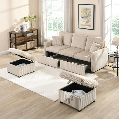 Soweiz Multifunktionale Ecksofa U-Form-Dreisitzer Polster-Sofa, Inklusive Schubladen, Hocker mit Staufach, modular zerlegbares Sofa-Set mit Schlaffunktion,188x82x86cm (Beige (Cord-Stoff))