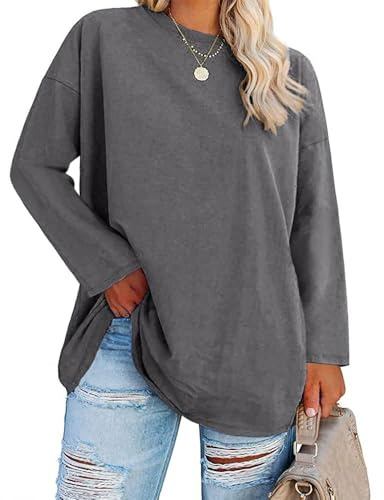Fisoew Große Größen Langarmshirt Damen Oversize Plus Size T Shirts Rundhalsausschnitt Pullover Basic Tunika Tops Oberteile,Dunkelgrau,3XL