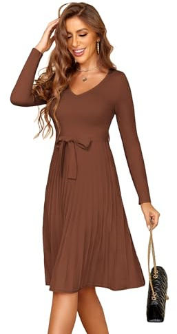 Zeagoo Vestito Donna Invernale in Maglia a Manica Lunga Abito Elegante Scollo a V Abiti Linea A Vita Alta Vestiti Tinta Unita con Cintura S-XXL