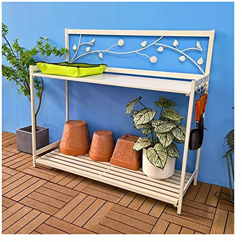 Tavolo da lavoro da giardino in metallo con ripiano a 2 ripiani, panca resistente per giardinaggio, piantagione e attività all'aperto, ideale per giardinieri e appassionati di fai da te