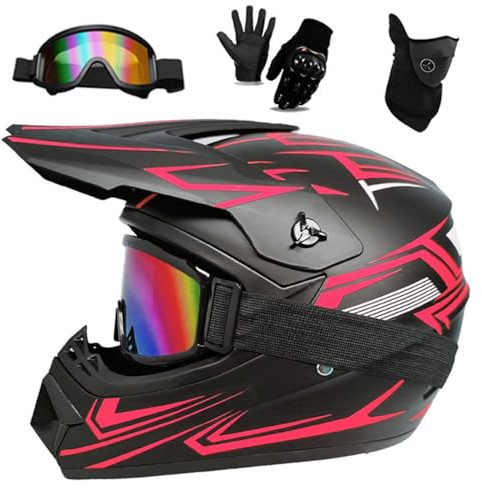 Casque de Motocross pour Jeunes Enfants avec Lunettes, Gants, Masque, Moto Tout-Terrain, VTT, BMX, Descente, VTT, Quad, Homologué Dot(Style Red,M(54-55cm))