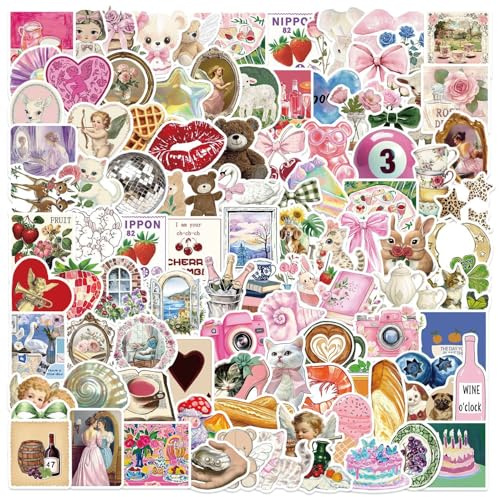 100PCS Y2K Pink Aesthetic Stickers–Cute Waterproof Vinyl Decals for Laptops, Water Bottles, Guitars, Journals & Scrapbooks, Unique Design Gifts for Girls, Teens & Adults, No Repeats