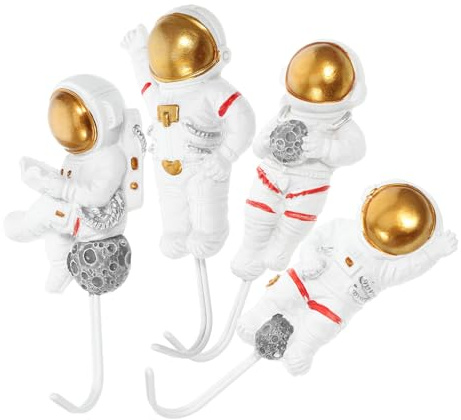 Veemoon Astronaut Decorative White Resin Iron Wall Hanging Hooks 4pcs | Wall Mount Storage and Hanging, Sturdy Decorative Key Hook Set for Bathroom and Entryway Use