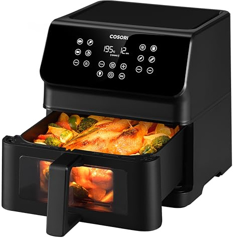 Cosori Clear Window Air Fryer 6.2L, Black | Monitor Cooking Without Opening, Quiet 55dB Operation, 11 Functions, Energy-Saving