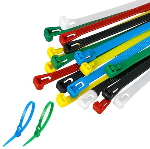 100 Pcs Reusable Cable Ties 150mm x 4mm, Heavy Duty Colored Snap-on Nylon Cable Ties, 6 Colors Tie Wraps for Home Garden Workshop Office, Black, White, Red, Yellow, Blue, Green