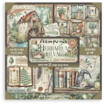Stamperia - Scrapbook Paper Pad for Scrapbooking, Albums, Cards, Bullet Journals and More, Acid Free, Single Face, Perfect for Hobbies, Crafts, and Gifting (Herbarium Silvae) (30.5 x 30.5cm)
