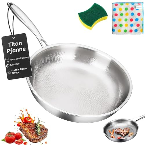 Padella Titanio Puro, Padella in Titanio Non Rivestita, 20/24/26/28/30cm Pentola in Titanioo Martellato 5 Strati, Multiuso Resistente ai Graffi Padelle per Cucina e Uso Quotidiano (Ohne Deckel,28 cm)